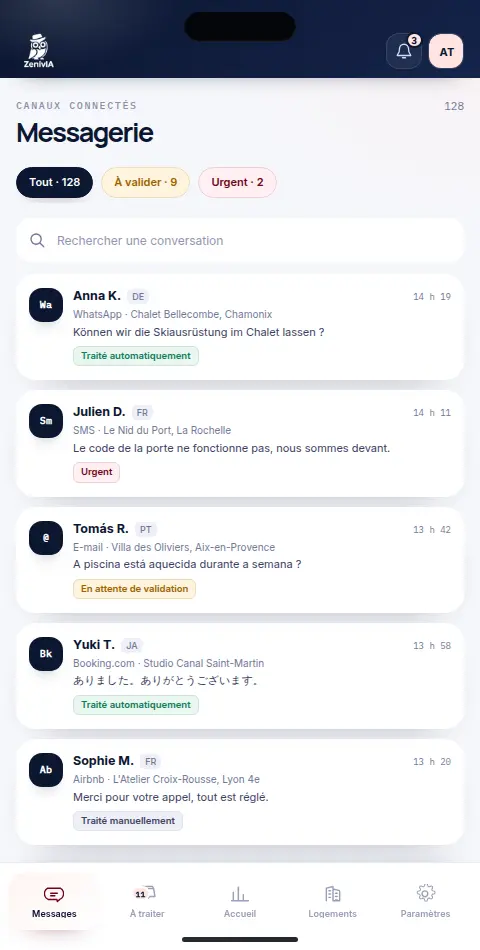 Interface mobile de la messagerie Zenivia
